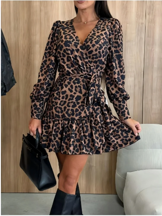 Vestito Mini Donna Leopardato Scollo V Elegante Sexy Manica Lunga
