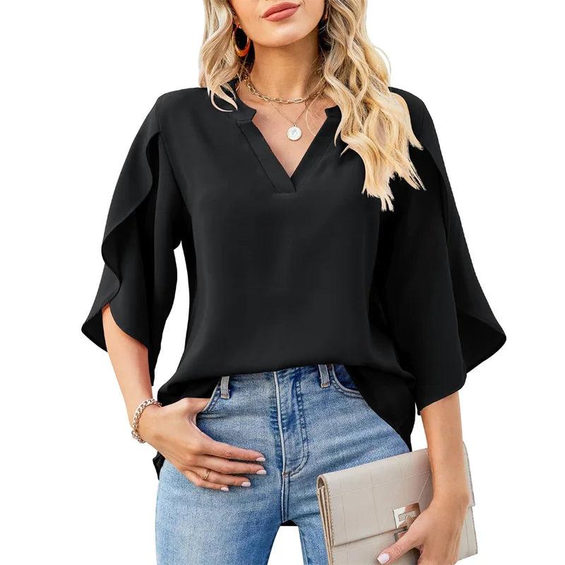 Blusa Donna Estiva Chiffon Elegante Manica Corta Svasata V-Collo Casual
