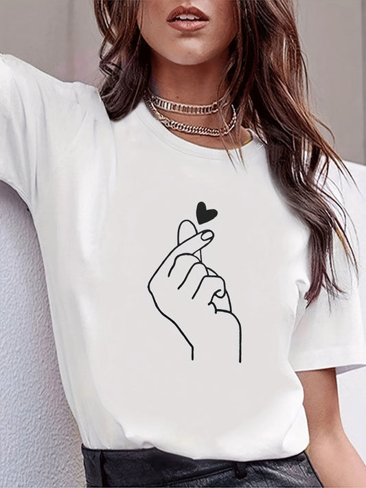 T-shirt Donna Girocollo Stampa Carina Manica Corta Casual Tutte le Stagioni