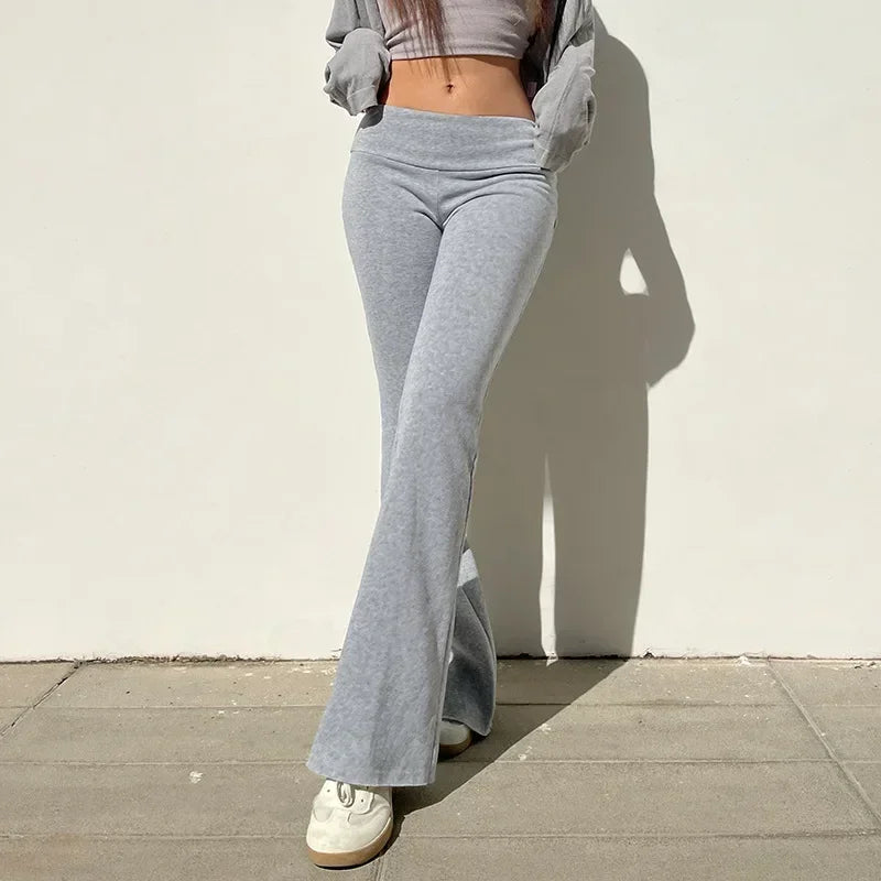 Pantaloni a Zampa Vita Bassa Donna Y2K Casual Sexy Slim Moda 2024