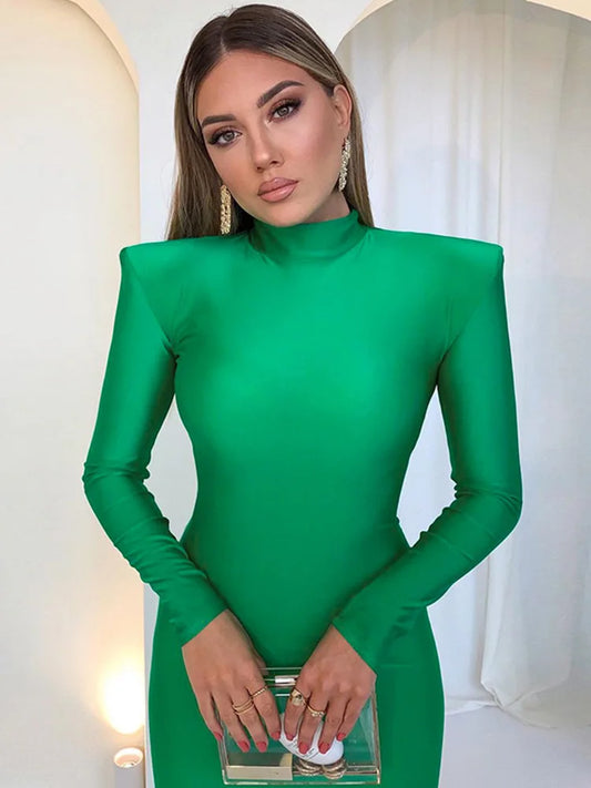 Abito Lungo Verde Donna Elegante Bodycon con Spalline, Manica Lunga